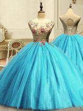 Ideal Tulle Sleeveless Floor Length Quinceanera Gowns and Appliques and Sequins