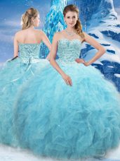 Affordable Aqua Blue Lace Up Sweetheart Beading and Pick Ups 15th Birthday Dress Tulle Sleeveless