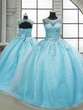 Fantastic Brush Train Ball Gowns Sweet 16 Quinceanera Dress Aqua Blue Scoop Tulle Sleeveless Lace Up