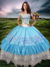 Free and Easy Floor Length Baby Blue 15 Quinceanera Dress Off The Shoulder Sleeveless Lace Up
