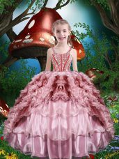 Adorable Baby Pink Straps Neckline Beading and Ruffles and Ruffled Layers Little Girl Pageant Gowns Sleeveless Lace Up