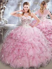 Spectacular Sweetheart Sleeveless Sweet 16 Dresses Floor Length Beading and Ruffles Baby Pink Organza