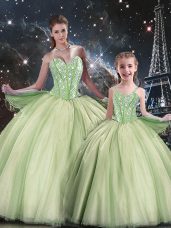 Popular Yellow Green Ball Gowns Sweetheart Sleeveless Tulle Floor Length Lace Up Beading Quince Ball Gowns