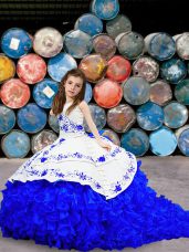 Dazzling Blue And White Lace Up Girls Pageant Dresses Embroidery and Ruffled Layers Sleeveless Brush Train