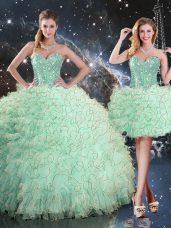 Flirting Sleeveless Floor Length Beading and Ruffles Lace Up Quinceanera Dresses with Apple Green