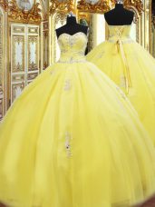 Floor Length Lace Up Sweet 16 Dress Yellow for Military Ball and Sweet 16 and Quinceanera with Beading and Appliques
