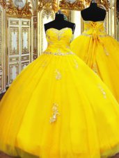 Gold Ball Gowns Sweetheart Sleeveless Organza Floor Length Lace Up Beading and Appliques Quinceanera Gown