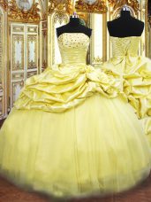 Hot Selling Gold Ball Gowns Beading and Pick Ups Quinceanera Gowns Lace Up Taffeta Sleeveless Floor Length