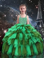 Custom Made Apple Green Tulle Lace Up Straps Sleeveless Floor Length Pageant Gowns For Girls Beading and Ruffles