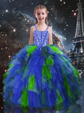 Fancy Blue Lace Up Little Girl Pageant Gowns Beading and Ruffles Sleeveless Floor Length