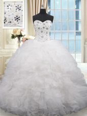 Brush Train Ball Gowns Vestidos de Quinceanera White Sweetheart Organza Sleeveless Lace Up