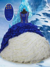 Dazzling Blue And White Lace Up Quinceanera Gowns Ruffled Layers and Pick Ups Sleeveless Brush Train