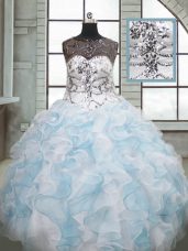 Fine Blue And White Organza Lace Up Scoop Sleeveless Floor Length Sweet 16 Dresses Beading and Ruffles