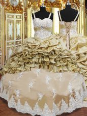 Discount Champagne Ball Gowns Taffeta Straps Sleeveless Beading and Appliques and Ruffled Layers and Pick Ups Floor Length Lace Up Sweet 16 Quinceanera Dress