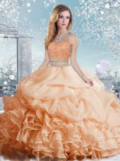Simple Peach Sleeveless Floor Length Beading and Ruffles and Pick Ups Clasp Handle Ball Gown Prom Dress