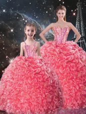Exquisite Sweetheart Sleeveless Sweet 16 Dress Floor Length Beading and Ruffles Coral Red Organza