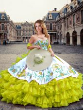 Yellow Green Lace Up Sweet 16 Quinceanera Dress Embroidery and Ruffled Layers Sleeveless Floor Length