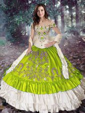 Vintage Yellow Green Sleeveless Floor Length Embroidery and Ruffled Layers Lace Up Quinceanera Gowns