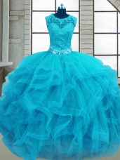 Simple Baby Blue Scoop Neckline Beading and Ruffles Sweet 16 Quinceanera Dress Sleeveless Lace Up
