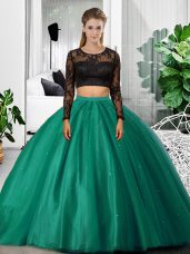 Glittering Dark Green Long Sleeves Tulle Backless Quinceanera Dress for Military Ball and Sweet 16 and Quinceanera