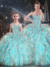 Glorious Aqua Blue Ball Gowns Beading and Ruffles Quinceanera Gown Lace Up Organza Sleeveless Floor Length