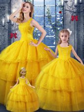 Glittering Gold Lace Up Sweet 16 Quinceanera Dress Ruffled Layers Sleeveless Floor Length
