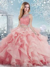 Attractive Baby Pink Ball Gowns Beading and Ruffles 15 Quinceanera Dress Clasp Handle Satin Sleeveless Floor Length