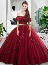 Off The Shoulder Sleeveless Sweet 16 Dress Floor Length Lace and Ruffles Burgundy Tulle