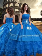 Ideal Blue Sleeveless Embroidery and Ruffled Layers Floor Length Sweet 16 Dresses