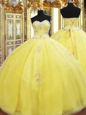 Floor Length Lace Up 15th Birthday Dress Gold for Military Ball and Sweet 16 and Quinceanera with Beading and Appliques