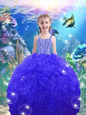 Royal Blue Lace Up Little Girls Pageant Gowns Beading and Ruffles Sleeveless Floor Length