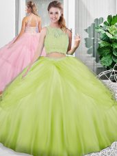 Floor Length Lace Up 15th Birthday Dress Yellow Green for Military Ball and Sweet 16 and Quinceanera with Lace and Ruching