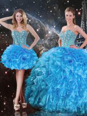 Baby Blue Sleeveless Organza Lace Up Quinceanera Dress for Military Ball and Sweet 16 and Quinceanera