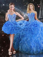 Most Popular Floor Length Baby Blue Quinceanera Gown Organza Sleeveless Beading and Ruffles