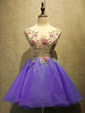 Noble Scoop Sleeveless Dress for Prom Mini Length Appliques Purple Organza