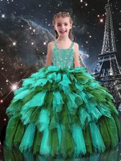 Turquoise Lace Up Little Girls Pageant Dress Wholesale Beading and Ruffles Sleeveless Floor Length