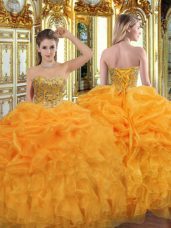 Top Selling Orange Lace Up Sweetheart Beading and Ruffles 15 Quinceanera Dress Organza Sleeveless