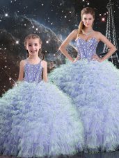 Enchanting Organza Sweetheart Sleeveless Lace Up Beading and Ruffles Quinceanera Gown in Lavender