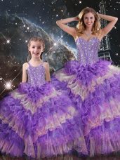 Fabulous Multi-color Lace Up Sweetheart Beading and Ruffled Layers and Sequins Sweet 16 Dresses Organza Sleeveless