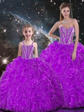 Fancy Purple Sleeveless Beading and Ruffles Floor Length Vestidos de Quinceanera