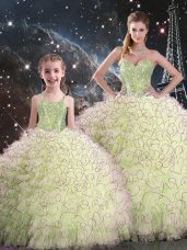 Yellow Green Organza Lace Up 15th Birthday Dress Sleeveless Floor Length Beading and Ruffles