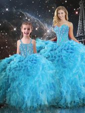 Beading and Ruffles Quinceanera Gown Aqua Blue Lace Up Sleeveless Floor Length