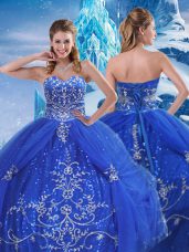 High Quality Floor Length Lace Up Quinceanera Gown Blue for Military Ball and Sweet 16 and Quinceanera with Beading and Appliques