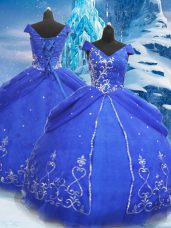 High End Blue Short Sleeves Beading and Appliques Floor Length Sweet 16 Quinceanera Dress