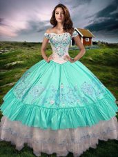 Fashionable Aqua Blue Lace Up Off The Shoulder Beading and Embroidery and Ruffled Layers Quinceanera Gown Taffeta Sleeveless
