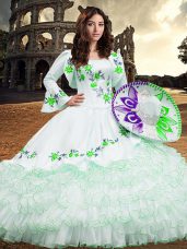 White Long Sleeves Organza Lace Up Quince Ball Gowns for Military Ball and Sweet 16 and Quinceanera