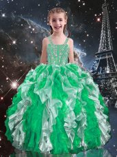 Fantastic Green Organza Lace Up Pageant Gowns For Girls Sleeveless Floor Length Beading and Ruffles