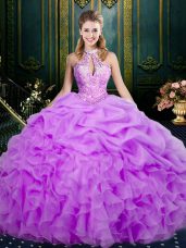 Sleeveless Organza Floor Length Lace Up Vestidos de Quinceanera in Lilac with Beading and Ruffles and Pick Ups