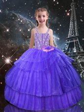 Most Popular Beading and Ruffled Layers Kids Formal Wear Eggplant Purple Lace Up Sleeveless Floor Length