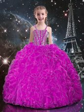Fuchsia Sleeveless Beading and Ruffles Floor Length Little Girls Pageant Gowns